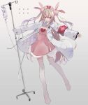  1girl apron bangs blonde_hair blood blood_bag bunny_hair_ornament coat full_body grey_background hair_between_eyes hair_ornament harenchi hat heart highres id_card intravenous_drip labcoat long_hair long_sleeves looking_at_viewer multicolored_hair natori_sana nurse_cap pink_apron pink_headwear purple_hair red_eyes sana_channel simple_background solo symbol-only_commentary thighhighs two_side_up virtual_youtuber white_coat white_legwear 