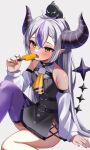  1girl absurdres ahoge bangs bare_shoulders black_dress blush braid commentary_request crow_(la+_darknesss) demon_horns detached_sleeves dress eating fang food highres holding holding_food hololive horns la+_darknesss long_hair long_sleeves moonbell multicolored_hair open_mouth pointy_ears popsicle purple_hair purple_legwear silver_hair single_thighhigh sitting skin_fang solo streaked_hair tail tail_raised thighhighs very_long_hair yellow_eyes 