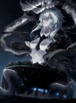  1girl abyssal_ship blue_eyes bodysuit bowl breasts cake food glowing glowing_eyes headgear highres holding holding_bowl i-coat kantai_collection long_hair medium_breasts pale_skin silver_hair solo tentacle_hold tentacles wo-class_aircraft_carrier 