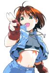  1girl bangs brown_hair fang feet_out_of_frame gloves highres jacket looking_at_viewer midriff navel non-web_source official_art open_clothes open_jacket open_mouth red_gloves scan short_hair short_sleeves simple_background solo soreyuke!_uchuu_senkan_yamamoto_youko watanabe_akio white_background yamamoto_youko 