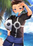  1boy ball beach blue_eyes blue_sky borrowed_character brown_hair child cloud cloudy_sky commentary_request commission day food freckles holding holding_ball looking_at_viewer male_focus original outdoors popsicle shore short_hair shorts skeb_commission sky soccer_ball solo sportswear standing utsunomiya_hetaru volleyball volleyball_uniform water 