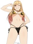  1girl artist_name baba_arumi bangs bikini black_bikini blonde_hair blush breasts breasts_apart choker commentary_request dated ear_piercing earrings eyebrows_visible_through_hair fingernails floral_print from_below grin groin hand_on_hip jewelry kitagawa_marin long_fingernails long_hair looking_at_viewer medium_breasts nail_polish navel one_eye_closed piercing pink_nails print_bikini side-tie_bikini signature simple_background smile solo sono_bisque_doll_wa_koi_wo_suru stomach swimsuit teeth underboob w w_over_eye white_background 