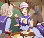  +++ 3girls admire_vega_(umamusume) animal_ears befu blush brown_eyes brown_hair cake closed_eyes closed_mouth cup curren_chan_(umamusume) drink drinking_straw eyebrows_visible_through_hair food fork fruit green_eyes hair_between_eyes holding holding_fork horse_ears horse_girl ines_fujin_(umamusume) long_hair long_sleeves multiple_girls one_side_up open_mouth school_uniform short_hair silver_hair smile strawberry tracen_school_uniform twitter_username umamusume 