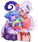  2girls alternate_costume bangs bare_shoulders blue_nails blush braid cropped_legs doll_hug fur_trim green_eyes heart highres league_of_legends long_hair looking_at_another mochi_bny multiple_girls nail_polish navel neeko_(league_of_legends) nidalee object_hug pants parted_bangs pink_eyes pink_sweater simple_background smile snow_bunny_nidalee stomach stuffed_animal stuffed_frog stuffed_toy sweater tentacles twin_braids white_background winter_wonder_neeko yuri 