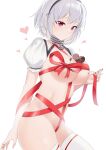  1girl absurdres azur_lane between_breasts breasts chocolate chocolate_on_breasts heart highres large_breasts looking_at_viewer naked_chocolate naked_ribbon nude oxygen_mask_(oxygenmask233) puffy_short_sleeves puffy_sleeves red_eyes ribbon short_hair short_sleeves simple_background sirius_(azur_lane) solo standing thighhighs valentine white_background white_hair white_legwear 