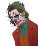  1boy arthur_fleck bangs clown collared_shirt facepaint green_hair green_shirt grey_background hicham_habchi highres jacket joker_(2019) joker_(dc) looking_at_viewer male_focus messy_hair orange_vest red_jacket red_suit shirt short_hair simple_background solo teeth upper_body vest white_background 