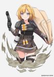  1girl apex_legends armor artist_name bangs black_gloves blonde_hair blue_eyes closed_mouth gloves grey_background gun handgun highres holding holding_clothes holding_gun holding_weapon hololive hololive_english long_sleeves looking_at_viewer pistol seraphim_throne short_hair simple_background smile smoke solo thighhighs virtual_youtuber watson_amelia weapon 