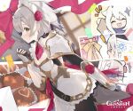  ! 2girls absurdres apron armor armored_dress ascot bangs braid breasts calendar_(object) candy chocolate closed_eyes commentary copyright_name english_commentary eyebrows_visible_through_hair flower food from_side gauntlets genshin_impact hair_ornament hand_up heart heart-shaped_chocolate highres holding looking_at_viewer medium_breasts multiple_girls noelle_(genshin_impact) official_art open_mouth paimon_(genshin_impact) polka_dot polka_dot_background profile red_flower red_rose rose shoulder_armor silver_hair smile teeth upper_teeth valentine white_apron white_hair 