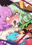  absurdres blouse blue_blouse buttons candy chocolate collared_blouse diamond_button eye_contact eyeball eyebrows_visible_through_hair food frilled_shirt_collar frills green_eyes green_hair hand_on_another&#039;s_arm heart heart-shaped_chocolate heart_in_eye highres incest komeiji_koishi komeiji_satori light_green_hair looking_at_another medium_hair noose pink_hair polyhedron2 purple_eyes purple_hair red_eyes sharing_food short_hair siblings sisters symbol_in_eye third_eye tongue tongue_out touhou valentine wavy_hair wide-eyed yellow_blouse yuri 