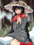  1girl ajirogasa anoira_ni black_hair braid brown_headwear buttons capelet clothes_writing dress feet_out_of_frame frilled_hat frills grass grey_dress hat jizou long_hair open_mouth outdoors own_hands_together palms_together red_eyes red_legwear ribbon single_strap snow teeth touhou twin_braids upper_teeth very_long_hair yatadera_narumi 
