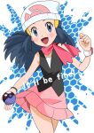  1girl :d beanie black_hair blush bracelet clenched_hand commentary_request dawn_(pokemon) eyelashes floating_hair grey_eyes hainchu hand_up hat highres holding holding_poke_ball jewelry long_hair open_mouth pink_scarf pink_skirt poke_ball pokemon pokemon_(anime) pokemon_dppt_(anime) poketch scarf shirt skirt sleeveless sleeveless_shirt smile solo tongue watch white_headwear wristwatch 