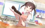  1girl apron beret blurry blurry_background blush breasts brown_hair cac_itinose commentary_request counter day depth_of_field double_bun earrings food hands_up hat highres holding holding_tray idolmaster idolmaster_shiny_colors indoors jewelry medium_breasts mixing_bowl muffin open_mouth pink_apron red_eyes shirt short_sleeves solo sonoda_chiyoko sunlight tile_wall tiles tray twintails upper_body wavy_mouth whisk white_headwear white_shirt window wooden_spoon 