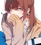  1girl blue_eyes blush bright_pupils brown_hair cardigan covering_mouth earrings eyebrows_visible_through_hair gift highres jewelry long_hair long_sleeves looking_at_viewer monsieur original ring simple_background solo twintails upper_body v-shaped_eyebrows white_background yellow_cardigan 