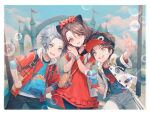  2girls bag black_hair blue_eyes bow brown_hair bubble castle dress hat jacket looking_at_viewer multiple_girls outdoors red_dress red_skirt sanada_nobuyuki_(sengoku_musou) sanada_yukimura sengoku_musou short_hair short_sleeves skirt sky smile v white_hair yoshicha 