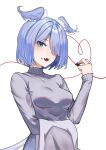  1girl absurdres aqua_eyes blue_hair bob_cut chocolate elira_pendora fangs food food_on_face hair_over_one_eye head_wings highres jellen_aura jewelry key_necklace necklace nijisanji nijisanji_en simple_background solo sweater upper_body valentine virtual_youtuber white_background 