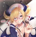  1girl bangs blonde_hair blue_eyes blue_jacket blush breast_tattoo breasts candy chocolate cleavage commentary_request demon_girl demon_horns demon_tail demon_wings double_bun food glasses grin hat heart heart-shaped_chocolate highres holding holding_chocolate holding_food hololive horn_ornament horns incoming_food jacket large_breasts long_sleeves looking_at_viewer makinan multicolored_hair nurse_cap off_shoulder open_clothes open_jacket red_hair smile solo speech_bubble streaked_hair swept_bangs tail tail_raised tattoo virtual_youtuber wings yuzuki_choco 
