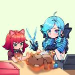  2girls :o ahoge animal_ears annie_(league_of_legends) bangs black_bow black_gloves bow box breasts brown_dress cat_ears dress drill_hair fake_animal_ears fiery_toy floating floating_object gloves green_eyes green_hair grey_dress gwen_(league_of_legends) hair_bow hair_ornament hands_up holding holding_scissors kam-ja league_of_legends long_hair medium_hair multicolored_hair multiple_girls needle puffy_short_sleeves puffy_sleeves red_hair scissors sewing sewing_needle shiny shiny_hair short_sleeves stuffed_animal stuffed_toy teddy_bear tibbers twin_drills twintails two-tone_hair upper_body x_hair_ornament 