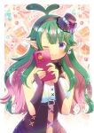  1girl asako_mako candy chocolate chocolate_bar dress ear_piercing elf fingerless_gloves food gloves green_hair indie_virtual_youtuber kou_hiyoyo long_hair looking_at_viewer multicolored_hair one_eye_closed pale_skin piercing pink_hair pointy_ears purple_eyes smile valentine virtual_youtuber wavy_hair 