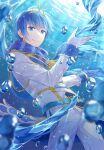  1boy aiguillette air_bubble azaka_(pipponao) belt blue_eyes blue_gloves blue_hair blue_scarf blurry blurry_foreground bubble buttons commentary double-breasted gloves hands_up highres jacket kaito_(vocaloid) magical_mirai_(vocaloid) male_focus pants rainbow scale_print scarf smile solo submerged sunlight underwater uniform vocaloid white_gloves white_jacket white_pants 