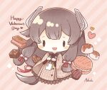  1girl artist_name bag black_hair blush_stickers candy chocolate diagonal_stripes food full_body gift_bag green_eyes happy_valentine headgear heart heart-shaped_chocolate highres holding holding_bag i-47_(kancolle) kantai_collection long_hair low-tied_long_hair macaron nada_namie official_alternate_costume open_mouth sidelocks signature smile solo striped striped_background valentine 