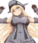  1girl alchera armor bismarck_(kancolle) blonde_hair blue_eyes breastplate breasts brown_gloves clenched_teeth detached_sleeves gloves hat kantai_collection long_hair looking_at_viewer lying medium_breasts military military_hat military_uniform peaked_cap solo teeth thighhighs uniform upper_body 