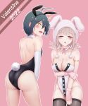 1boy 1girl 2022 :o absurdres animal_ears animal_hood ass bangs bare_legs bare_shoulders black_leotard blush breasts brown_gloves brown_legwear bunny_hood commentary crossdressing danganronpa_(series) danganronpa_2:_goodbye_despair danganronpa_v3:_killing_harmony detached_collar detached_sleeves fake_animal_ears fake_tail from_behind galaga gloves gon_(congchuabuoito) groin hair_ornament highres hood large_breasts leotard looking_at_viewer looking_back nanami_chiaki neck_ribbon official_alternate_costume one_eye_closed otoko_no_ko outline pink_background pink_ribbon playboy_bunny rabbit_ears ribbon saihara_shuuichi skindentation sleepy tail thighhighs two-tone_leotard valentine white_leotard white_outline white_sleeves 