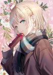 1girl bangs black_sweater blonde_hair blue_eyes box brown_jacket closed_mouth commentary earrings eyebrows_visible_through_hair floral_background fringe_trim gift gift_box hand_up heart heart_earrings highres holding holding_gift hyuuga_azuri jacket jewelry looking_at_viewer open_clothes open_jacket original pink_background ribbed_sweater ring scarf short_hair sleeves_past_wrists smile solo sweater symbol-only_commentary upper_body 