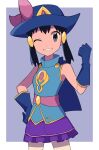 1girl bangs black_hair blue_capelet blue_eyes blue_gloves blue_headwear blue_shirt border capelet clenched_hand commentary_request dawn_(pokemon) eyelashes gloves grey_background grey_eyes grin hair_ornament hairclip hand_on_hip hand_up hat hat_ribbon highres looking_at_viewer medium_hair official_alternate_costume one_eye_closed outside_border pokemon pokemon_(game) pokemon_masters_ex purple_ribbon purple_skirt ribbon shirt sidelocks skirt sleeveless sleeveless_shirt smile solo teeth tyako_089 white_border 