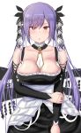  1girl :o absurdres assault_lily azur_lane bangs bare_shoulders between_breasts black_collar black_dress black_ribbon blush breasts chin_gero cleavage collar collarbone commentary_request cosplay cowboy_shot dress eyebrows_visible_through_hair formidable_(azur_lane) formidable_(azur_lane)_(cosplay) frilled_dress frills hair_between_eyes hair_ribbon hand_on_own_arm highres jewelry large_breasts long_hair long_sleeves looking_at_viewer matsumura_fuuka necktie necktie_between_breasts parted_lips pink_eyes purple_hair ribbon ring solo standing twintails two-tone_dress two-tone_ribbon v-shaped_eyebrows very_long_hair white_background white_collar white_dress white_necktie white_ribbon 