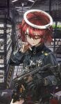  1girl absurdres alternate_costume arknights bangs blood closed_mouth exusiai_(arknights) eyebrows_visible_through_hair gloves gun hair_between_eyes halo highres jacket kriss_vector long_sleeves orange_eyes red_hair short_hair single_glove solo_focus submachine_gun thigh_strap veerinly weapon 