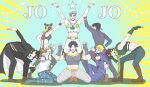  1girl 6+boys abs aruti battle_tendency clip_studio_paint_(medium) crop_top diamond_wa_kudakenai giorno_giovanna hat higashikata_josuke higashikata_josuke_(jojolion) johnny_joestar jojo_no_kimyou_na_bouken jojolion jonathan_joestar joseph_joestar joseph_joestar_(young) kneeling kujo_jolyne kujo_jotaro midriff multiple_boys phantom_blood pose scarf squatting stardust_crusaders steel_ball_run stone_ocean symmetry vento_aureo 