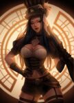  1girl alternate_costume ascot backlighting bangs belt black_choker breasts brown_belt brown_gloves brown_headwear brown_shorts caitlyn_(league_of_legends) choker cleavage clock frills garter_straps gloves gun hand_on_hip hat highres holding holding_gun holding_weapon league_of_legends long_hair looking_at_viewer medium_breasts navel puffy_short_sleeves puffy_sleeves sella_423 short_sleeves shorts smile solo steampunk thighhighs weapon white_ascot 