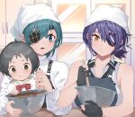  3girls absurdres apron bandana black_apron black_eyes black_gloves black_hair breasts checkered_necktie collared_shirt cooking eyepatch gegeron gloves green_eyes green_hair headgear highres kantai_collection kiso_(kancolle) kitchen large_breasts long_sleeves maru-yu_(kancolle) medium_hair multiple_girls necktie partially_fingerless_gloves purple_hair shirt short_hair sleeveless sleeveless_shirt tenryuu_(kancolle) tenryuu_kai_ni_(kancolle) valentine white_bandana white_shirt yellow_eyes 