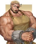  1boy apron balor_(housamo) bara beard black_hair blonde_hair blue_eyes candy chocolate cuffs eyepatch facial_hair flaming_eye food heart heart-shaped_chocolate highres ina_zuma large_pectorals male_focus mature_male multicolored_hair muscular muscular_male naked_apron pectorals scar scar_across_eye scar_on_arm scar_on_face short_hair simple_background solo tokyo_afterschool_summoners tusks two-tone_hair valentine 