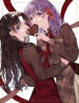  2girls apron bangs black_hair black_ribbon blue_eyes brown_shirt candy chocolate covered_mouth fate/stay_night fate_(series) food hair_ribbon heart heart-shaped_chocolate highres holding holding_chocolate holding_food hug long_hair looking_at_viewer looking_to_the_side matou_sakura multiple_girls purple_eyes purple_hair red_ribbon ribbon shimatori_(sanyyyy) shirt tohsaka_rin twintails valentine white_background 