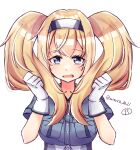  1girl absurdres blonde_hair blue_eyes blue_shirt breast_pocket breasts collared_shirt gambier_bay_(kancolle) gloves hairband highres holding holding_hair kantai_collection large_breasts long_hair looking_at_viewer multicolored_hairband one-hour_drawing_challenge pocket shirt solo suzuki_suika twintails upper_body white_gloves 