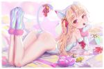  1girl alphonse_(white_datura) animal_ears ass bed_sheet bell blonde_hair box candy cat_ears cat_girl cat_tail chocolate elbow_gloves fate/kaleid_liner_prisma_illya fate_(series) food from_behind gloves heart heart-shaped_box heart-shaped_chocolate highres illyasviel_von_einzbern jingle_bell looking_at_viewer looking_back mouth_hold on_bed pillow red_eyes shiny shiny_skin solo tail valentine 