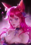  1girl absurdres ahri_(league_of_legends) aling_(shanatans) animal_ears bangs bare_shoulders bell black_background breasts cleavage facial_mark fox_ears hair_bell hair_ornament hair_ribbon highres large_breasts league_of_legends long_hair looking_at_viewer multicolored_background neck_ribbon pink_background pink_eyes pink_hair pink_ribbon purple_ribbon ribbon shiny shiny_hair solo spirit_blossom_(league_of_legends) spirit_blossom_ahri upper_body 