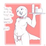  anthro avian bird bow_tie bubo_(genus) butler chastity_cage chastity_device cuckold feathers flirting genitals hi_res holidays looking_up lube male nyar owen_evans owl penis pinup pose small_penis smile snowy_owl solo standing towel tray true_owl valentine&#039;s_day valentines_day_card white_body white_feathers 