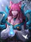  1girl absurdres ahri_(league_of_legends) animal_ear_fluff animal_ears bangs bare_shoulders bell breasts bug butterfly cleavage collarbone dress fire flame fox_ears fox_tail green_ribbon hair_ribbon highres japanese_clothes kimono large_breasts league_of_legends long_hair long_sleeves looking_at_viewer multiple_tails official_alternate_costume outdoors pink_hair ribbon sella_423 smile spirit_blossom_(league_of_legends) spirit_blossom_ahri tail upper_body 