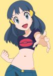  1girl :d alternate_costume bangs black_hair clenched_hand commentary_request cropped_shirt dawn_(pokemon) eyelashes grey_eyes hainchu hair_ornament hairclip highres long_hair looking_at_viewer midriff navel open_mouth outstretched_arm pants poke_ball_print pokemon pokemon_(anime) pokemon_dppt_(anime) purple_shirt shirt short_sleeves simple_background smile solo tongue yellow_background 