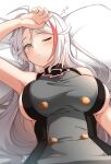  1girl absurdres ahoge arm_up azur_lane bangs bare_shoulders blush breasts closed_mouth dress eyebrows_visible_through_hair grey_dress heart highres large_breasts long_hair looking_at_viewer lying moyoron multicolored_hair on_back one_eye_closed orange_eyes parted_bangs pillow prinz_eugen_(azur_lane) red_hair sideboob sleeveless sleeveless_dress solo streaked_hair very_long_hair white_background white_hair 