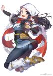  1girl :d akari_(pokemon) ass black_eyes black_hair commentary_request floating_scarf full_body galaxy_expedition_team_survey_corps_uniform head_scarf holding holding_poke_ball hong_(white_spider) japanese_clothes kimono looking_at_viewer obi open_mouth patreon_username poke_ball poke_ball_(legends) pokemon pokemon_(game) pokemon_legends:_arceus red_scarf sash scarf smile solo white_headwear 