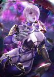  1girl armor blue_eyes bob_cut breasts choker cleavage cmorilla gem gloves highres isabella_valentine large_breasts open_mouth petals purple_hair rose_petals short_hair shoulder_armor skull solo soulcalibur soulcalibur_vi thighhighs weapon whip_sword 