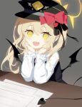  1girl :d ba_fed_kitaku bangs black_headwear black_ribbon black_vest blonde_hair blue_archive blush bow demon_tail demon_wings elbows_on_table eyebrows_visible_through_hair frilled_sleeves frills grey_background halo hat hat_bow hat_ribbon head_rest ibuki_(blue_archive) long_hair long_sleeves looking_at_viewer military_hat open_mouth paper red_bow ribbon simple_background smile solo swept_bangs table tail twintails upper_body vest wings yellow_eyes 