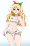  1girl absurdres alice_gear_aegis blonde_hair blue_eyes frilled_swimsuit frills hair_ribbon heart highres looking_at_viewer miyaminami_hikari open_mouth rasen_manga ribbon solo swimsuit twitter_username v white_background 