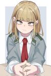  1girl alternate_hairstyle bangs blonde_hair blunt_bangs boku_no_hero_academia closed_mouth eyebrows_visible_through_hair hair_down half-closed_eyes highres hime_cut long_hair long_sleeves looking_at_viewer necktie red_necktie school_uniform toga_himiko tongu_11 u.a._school_uniform 