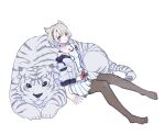 1girl animal animal_ears bangs blue_eyes breasts cat_ears chest_jewel dromarch_(xenoblade) highres jacket lobsterbaby99 long_hair looking_at_viewer mio_(xenoblade) pantyhose short_hair silver_hair simple_background skirt solo tiger white_hair xenoblade_chronicles_(series) xenoblade_chronicles_2 xenoblade_chronicles_3 yellow_eyes 