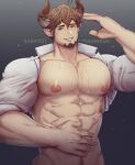  1boy abs absurdres bara barawa barayot bare_pectorals blush brown_eyes collaboration collared_shirt cowboy_shot draph facial_hair goatee granblue_fantasy highres kimakkun large_pectorals looking_at_viewer male_focus male_pubic_hair mature_male muscular muscular_male naked_shirt navel navel_hair nipples open_clothes open_shirt pectorals pointy_ears pubic_hair salute shirt short_hair smile solo stomach sweat wet 