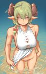  1girl absurdres ahoge bare_shoulders blue_eyes bow braid breasts closed_mouth clothing_aside commentary_request curled_horns dress expressionless green_hair hair_between_eyes hair_bow hair_over_shoulder highres horns large_breasts long_hair looking_at_viewer no_panties original outdoors pelvic_curtain pelvic_curtain_aside pointy_ears red_bow sideboob single_braid solo standing wading water white_dress zuoteng_lucha 